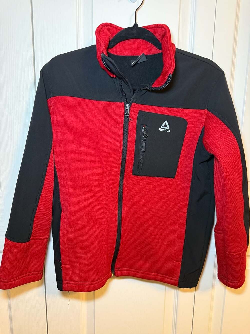 Reebok Textured Fleece Full Zip Jacket Red Black with Chest Pocket
